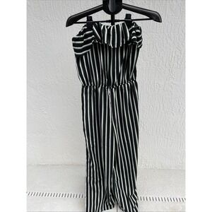 Ambiance ladies jumpsuit size M green black white striped ruffle top plazzo legs